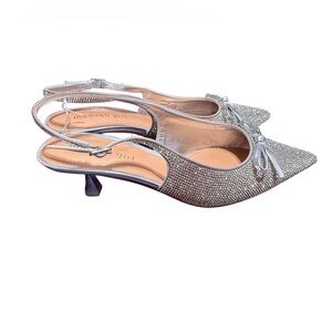 Madden Girl Rhinestone Slingback Kitten Heels Silver Bow Pointed Toe Size 7.5